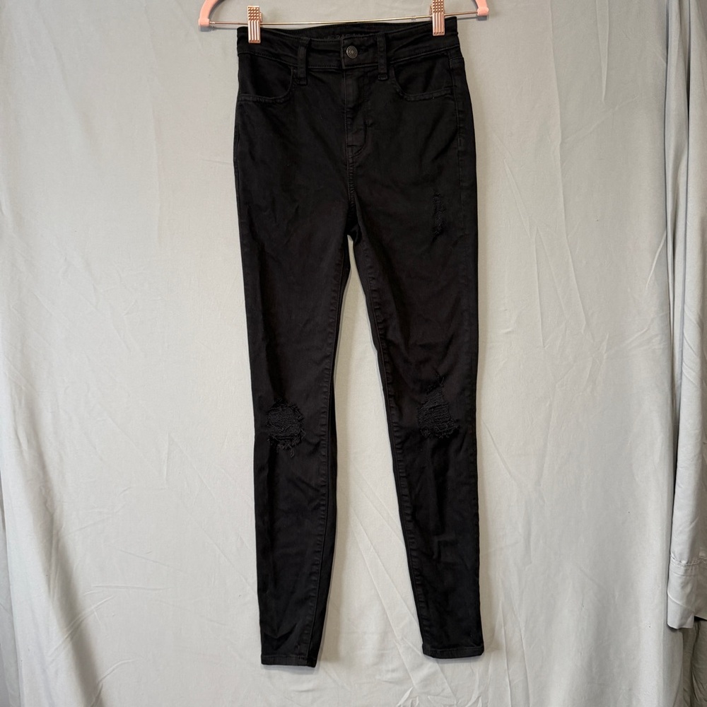 American Eagle Womens Sz 0 Twill Super Stretch Distressed Jeggings Black Grunge